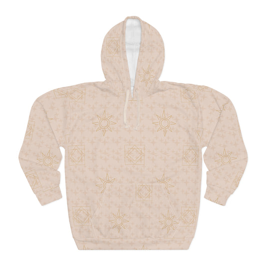 Sunlit Dreams: Classic Beige Hoodie with Celestial Patterns